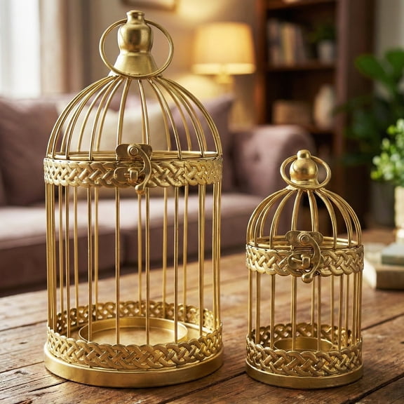 VELA LANTERNS Birdcage Decor Candle Holder Lantern Decorative Wedding Table Centerpiece Decorations, 10" and 6" Tall, Gold, Set of 2