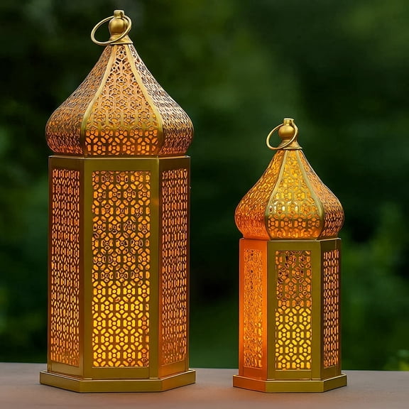 VELA LANTERNS Large Golden Tower Temple Moroccan Lantern Lamp Decorative Candle Holders for Ramadan Decorations, Hanging, Outdoor Patio or Porch, Indoor Home Decor, Gold, Set of 2