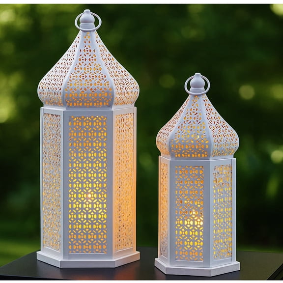 VELA LANTERNS Large Temple Tower Moroccan Lantern Lamp Decorative Candle Holders for Ramadan Decorations, Hanging, Outdoor Patio or Porch, Indoor Home Decor, Weddings, White, Set of 2