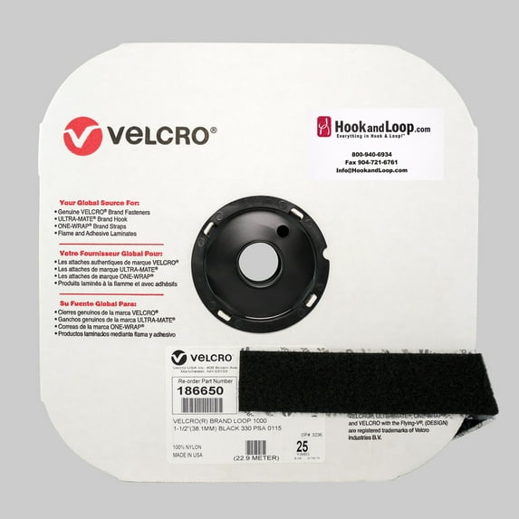 VELCRO® Brand - 1.5" Black Loop: Pressure Sensitive Adhesive - Rubber