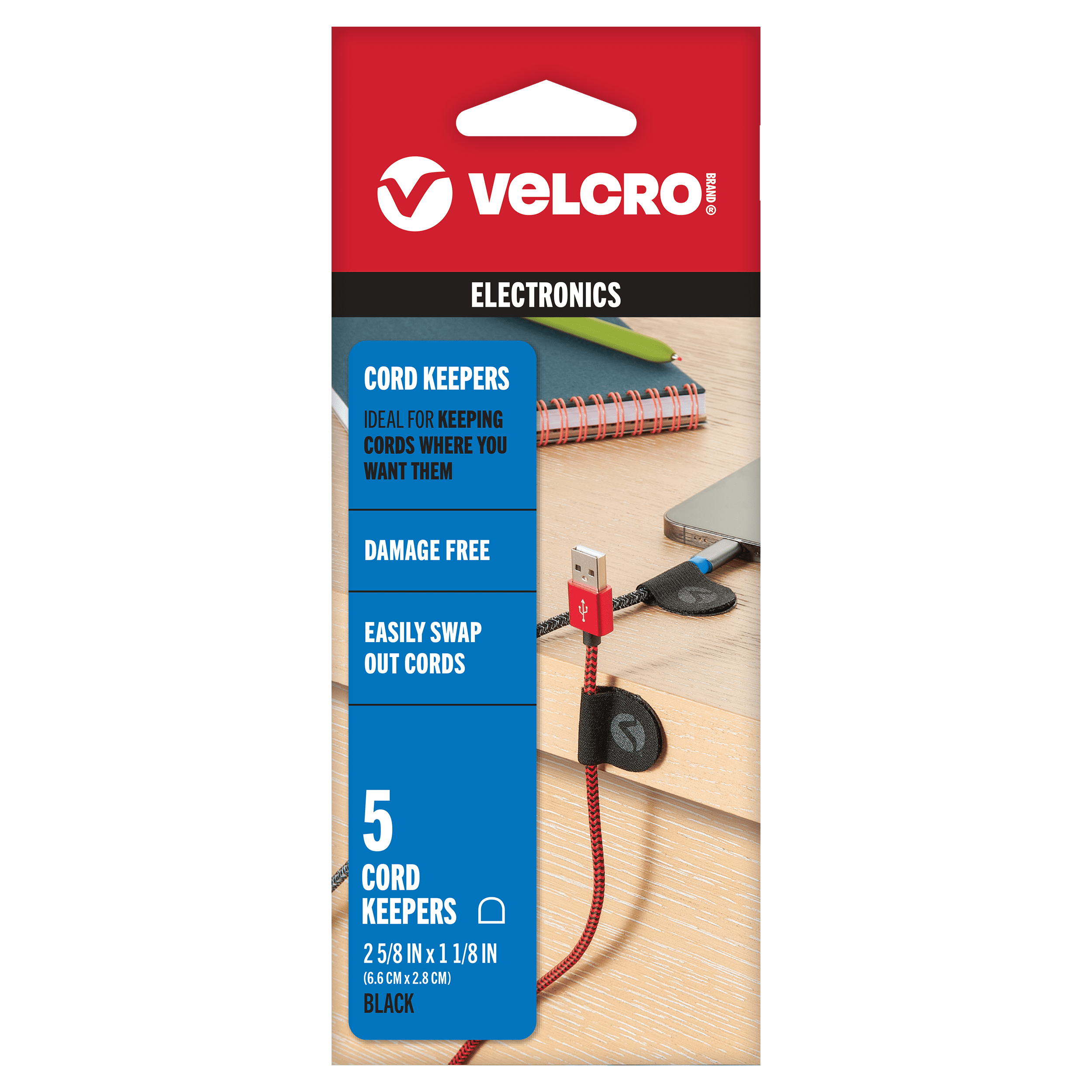 VELCRO Brand Cord Keepers | Soft Nylon Cable Clips Organize Wires in Home, Office, Desk or Nightstand | Removable Adhesive Back Holds Secure, Removes Clean | 5pk, Black