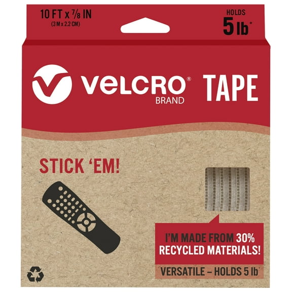 VELCRO Brand ECO Collection Stick'em Adhesive Tape 10ft x 7/8in, Cut Strips to Length, Sustainable 30% Recycled Material, White