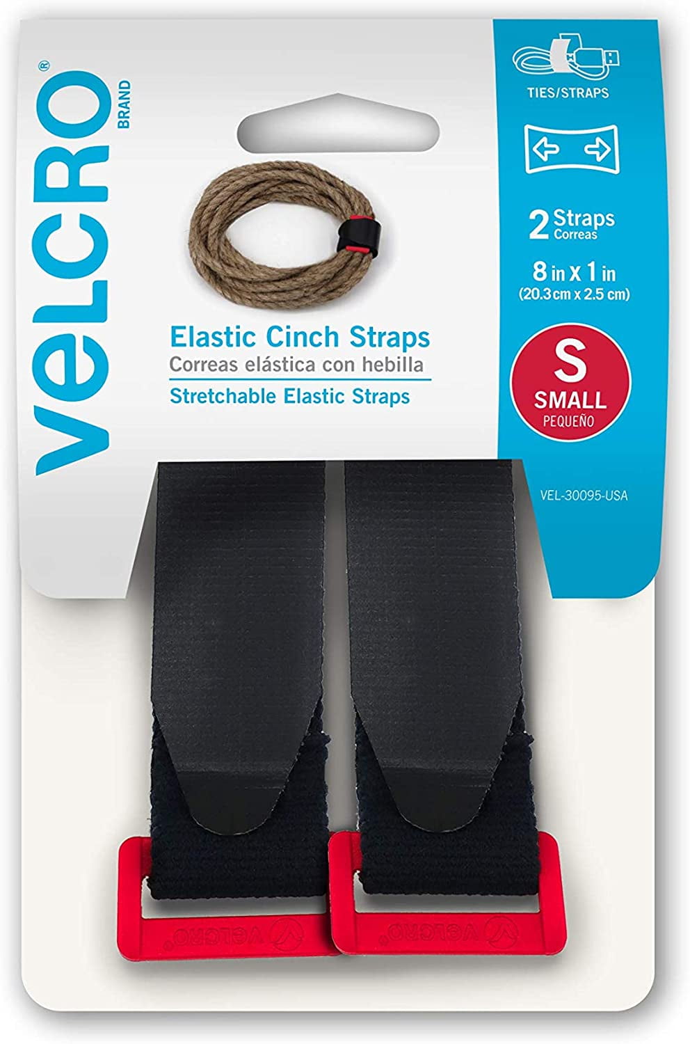 VELCRO Brand Elastic Cinch Straps with Buckle, Adjustable, Stretch, Black,  S - 8in x 1in 