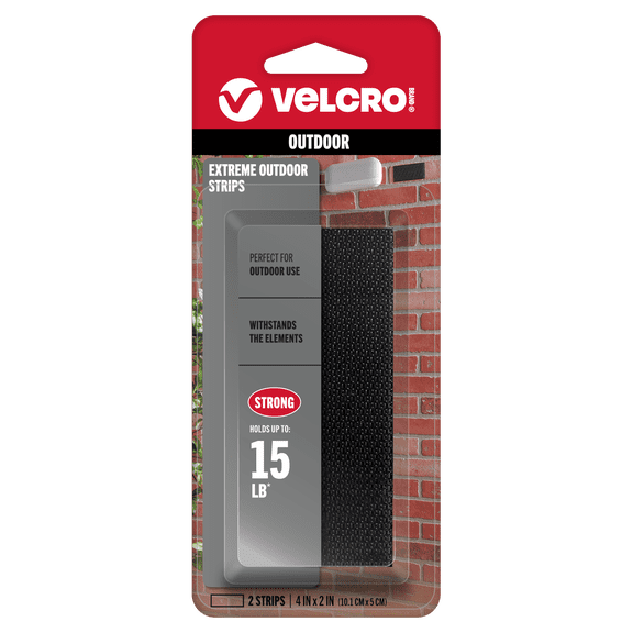 VELCRO Brand Extreme Outdoor Strips, Heavy Duty Superior Holding Power on Rough Surfaces, 4in x 2in Black Adhesive Strips, 2 Count