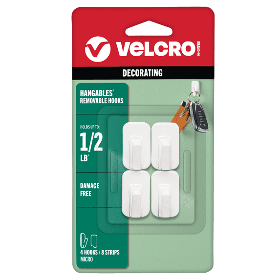 VELCRO Brand HANGables® Removable Hook | Easy-to-Remove Wall Fasteners | Damage-Free, Non-Permanent Hooks for Lightweight Items | Micro, Holds 1/2 lb., White, 4-Pack