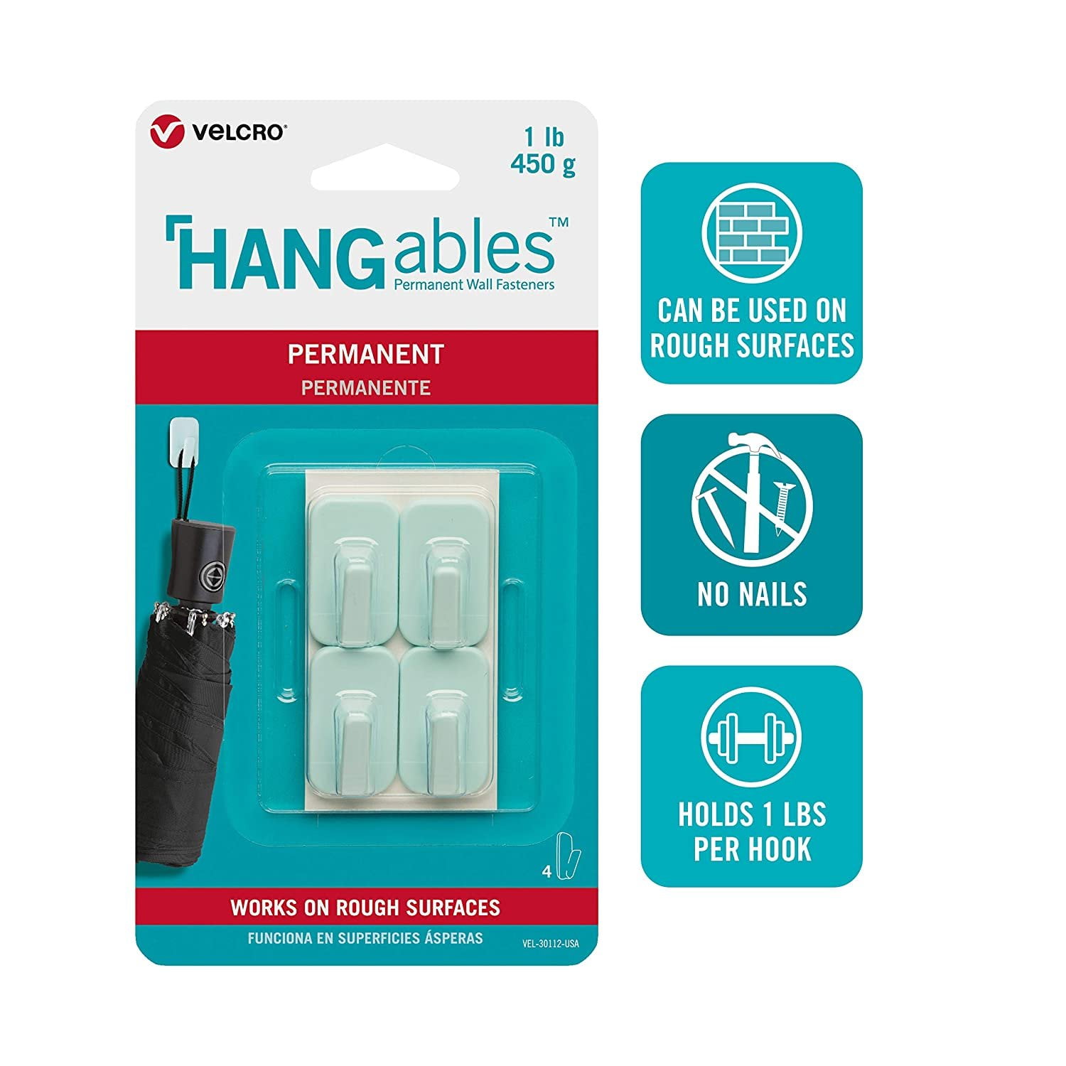 VELCRO® Brand HANGables Permanent Micro Hook 1lb. aqua. 4 ct. 