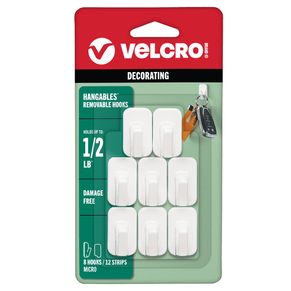VELCRO Brand HANGables® Removable Hook | Easy-to-Remove Wall Fasteners | Damage-Free, Non-Permanent Hooks for Lightweight Items | Micro, Holds 1/2 lb., White, 8-Pack