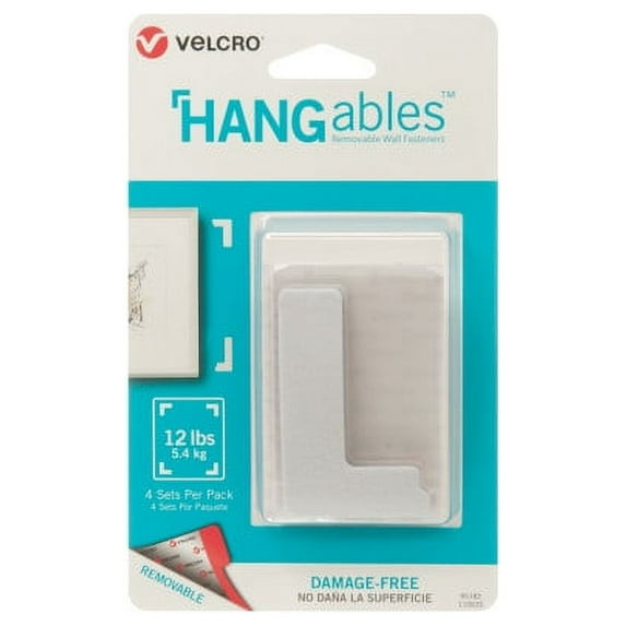 VELCRO Brand HANGables | Removable Wall Fasteners | Decorate Without Damaging Your Walls | Hang frames, Create Wall Collages | 3in x 1 3/4in Corners White 4 ct
