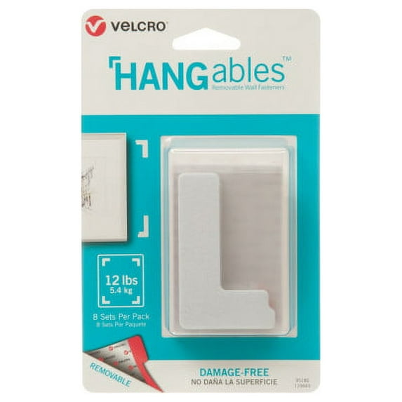 VELCRO Brand HANGables | Removable Wall Fasteners | Decorate Without Damaging Your Walls | Hang frames, Create Wall Collages | 3in x 1 3/4in Corners White 8 ct