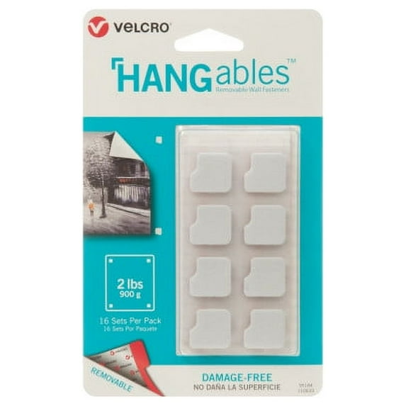 VELCRO Han Gables, Removable Wall Fasteners, 7/8in x 7/8in Squares / Hook & Loop, White, (16 ct)