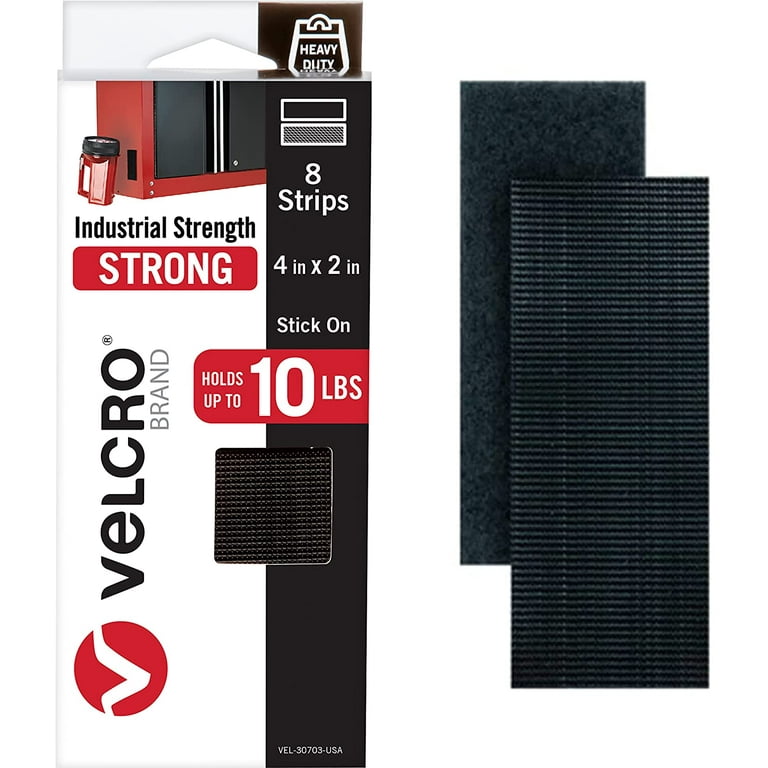 VELCRO Brand Heavy Duty Fasteners , 4x2 Inch Strips with Adhesive 8 Sets ,  Holds 10 lbs , Black Industrial Strength Stick On Tape , Indoor or Outdoor