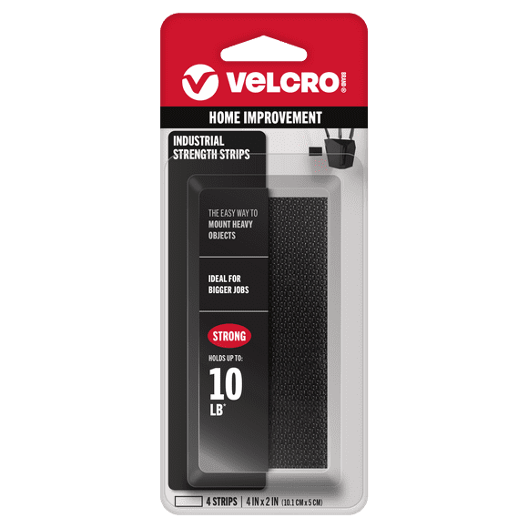 VELCRO Brand Industrial Strength Heavy Duty Fasteners | 4x2 Inch Strips 4 Sets | Holds 10 lbs | Stick-On Adhesive Backed | Black | For Indoor or Outdoor Use, 90209