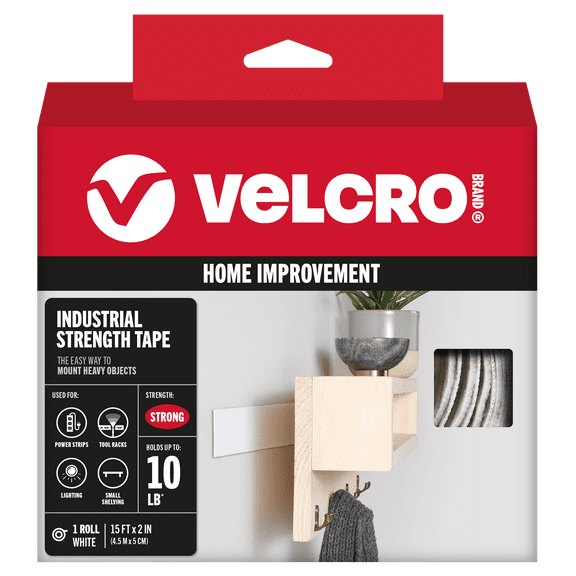 VELCRO Brand Industrial Strength Fasteners | Stick-On Adhesive | Professional Grade Heavy Duty Strength Holds up to 10 lbs on Smooth Surfaces | Indoor Outdoor Use | 15ft x 2in Tape, White