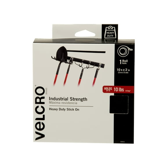 VELCRO Brand Industrial Strength Heavy Duty Tape with Adhesive - Cut Strips to Length - Holds 10 lbs, Black - Roll, Wide 10Ft x 2In - Strong Hold for Indoor or Outdoor Use