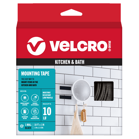 VELCRO Brand Kitchen & Bath Mounting Fasteners Heavy Duty Professional Hold with a Flush Surface to Surface Mount - Holds up to 10 lbs. - 10ft x 1in Roll Tape, Black