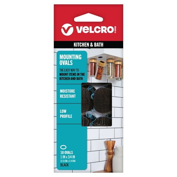 VELCRO Brand Kitchen & Bath Mounting Ovals | Low Profile Thin Design | Professional Grade Heavy Duty Strength | Indoor Outdoor Use | 1in x 3/4in, 10 Sets, Black