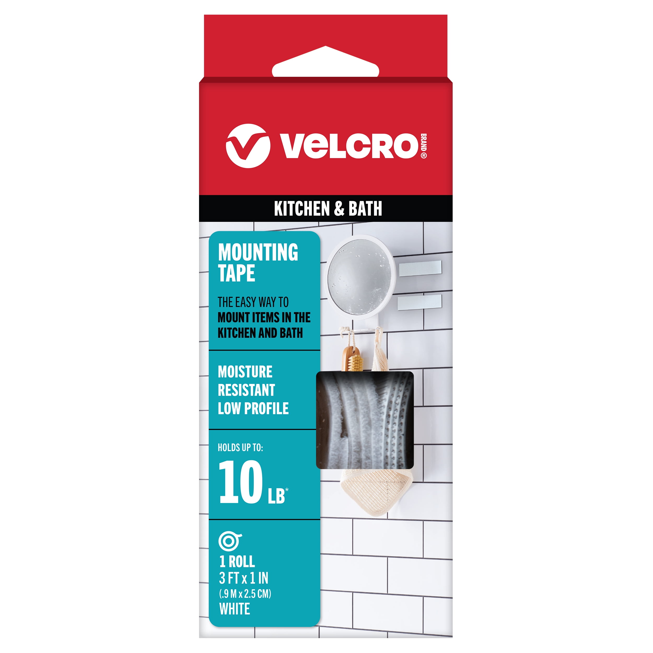 VELCRO Brand Kitchen & Bath Mounting Tape, Professional Grade Heavy Duty Strength Holds up to 10 lbs on Smooth Surfaces, 3ft x 1in, Tape