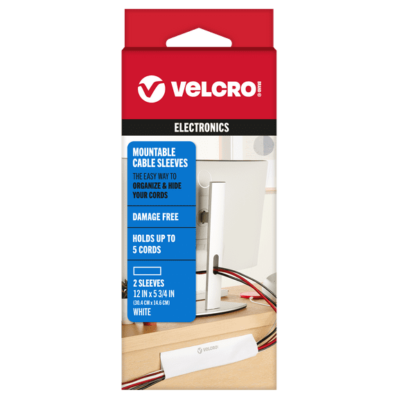 VELCRO Brand Cable Sleeve | Cord Hider Mounts on Walls or Desk | Pefect Wire Organizer for Home or Office | Removable Damage Free Adhesive | 12in White, 2pk, 12in - 2Pk