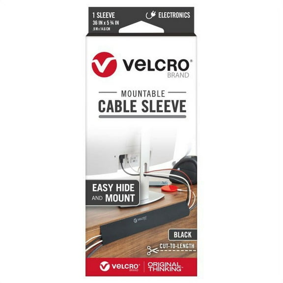 VELCRO Brand Cable Sleeve | 3-Ft Customizable Cable Raceway with Removable Adhesive | Cut to Length for Custom Size Wire Management | Cord Hider Mounts on Walls, Desk | Black VEL-30799-AMS