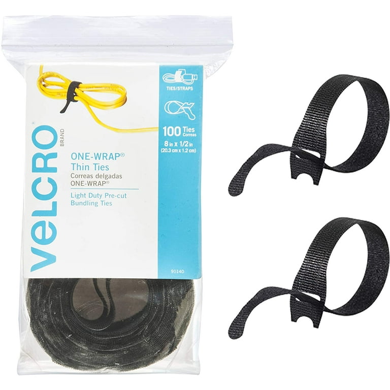 Velcro Brand - One Wrap Thin Ties, 8 x 1/2-Inch, 100 Count, Black