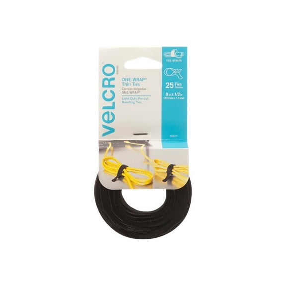 VELCRO Brand ONE-WRAP Thin Ties 8in x 1/2in Ties Black 25 ct