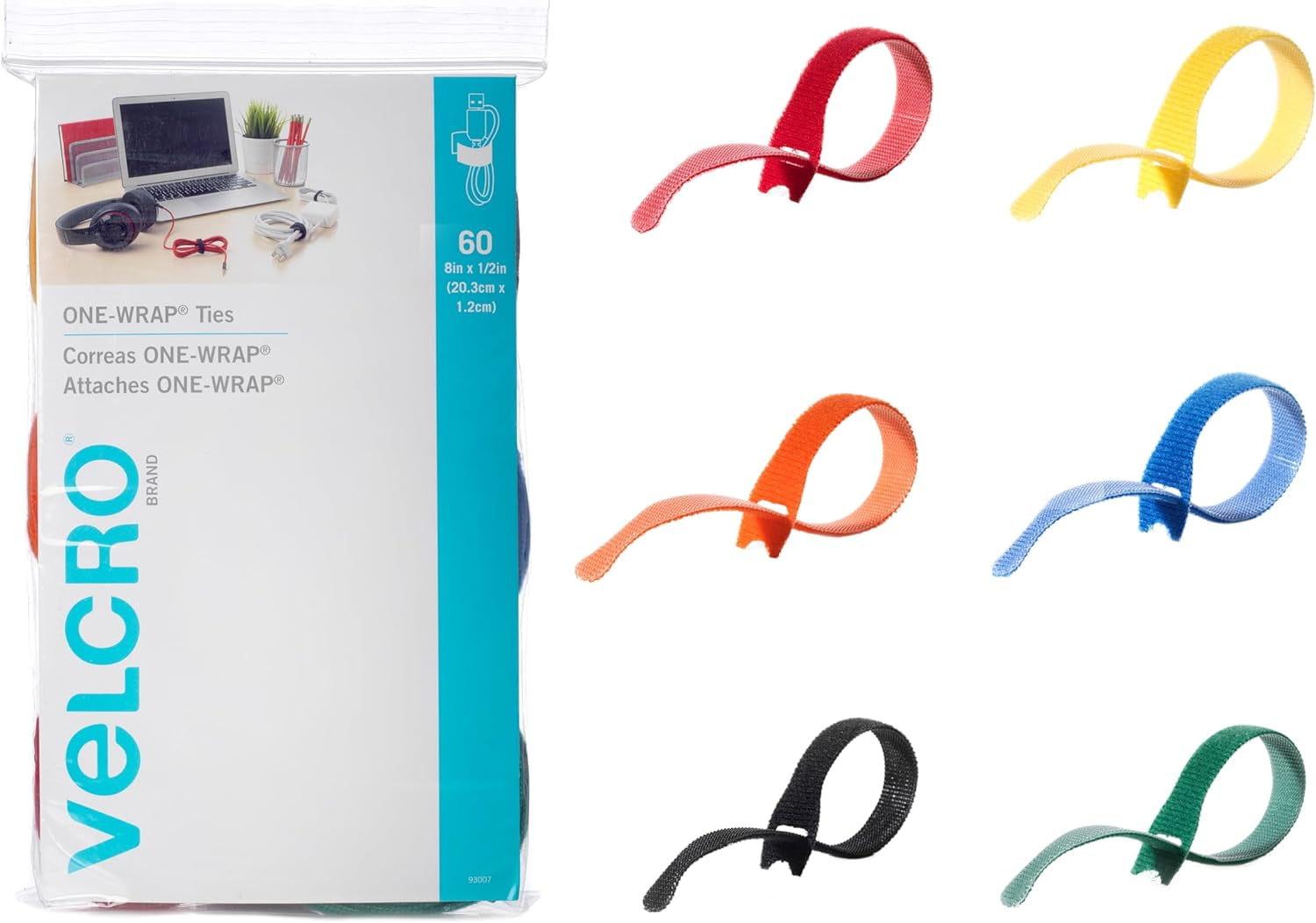 VELCRO Brand ONE-WRAP Cable Ties | 60Pk 8 x 1/2" Straps, Multicolor Strong Reusable Wire Management Cord Bundling for Home Office and Data Centers