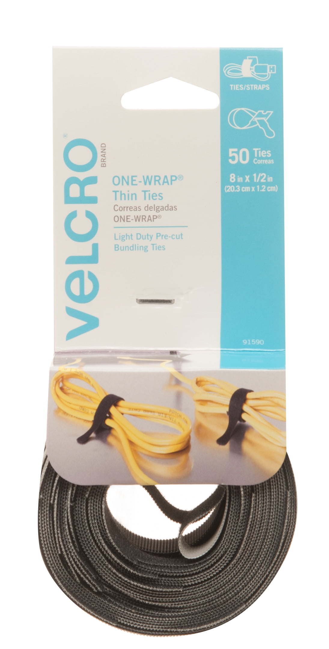 Velcro Brand ONE-WRAP Thin Ties 8in x 1/2in Ties, Gray & Black - 50