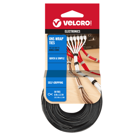 VELCRO Brand ONE-WRAP® Ties Reusable Light Duty, 8" x 1/2" Ties, 50 Count, Black/Gray
