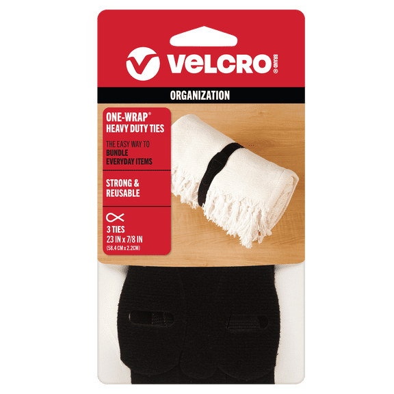 VELCRO Brand ONE-WRAP® Heavy Duty Ties, Reusable Pre-Cut and Self Gripping For Bundling Hoses, Extension Cords, 3 Ties, 23” x 7/8”, Black 90700