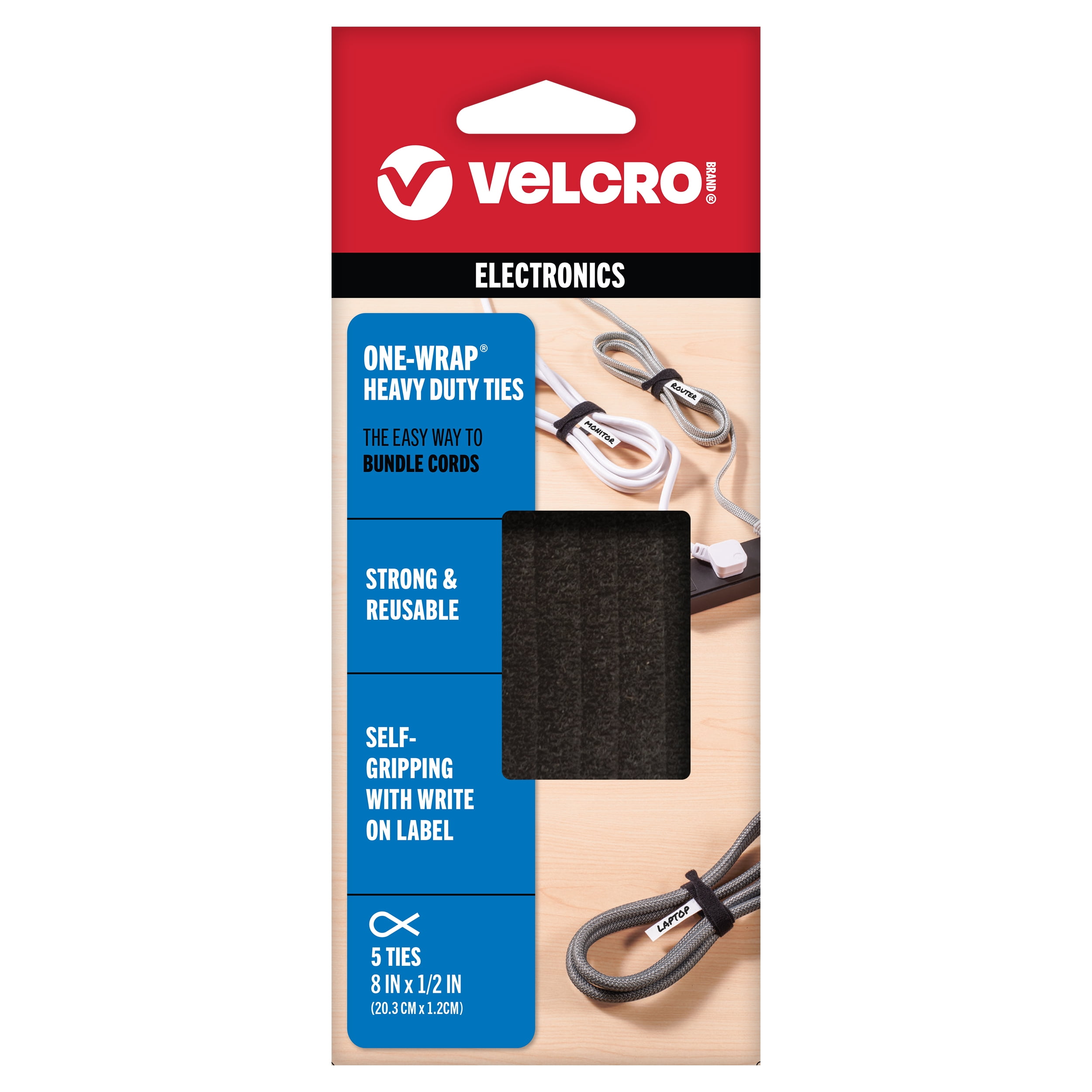 VELCRO Brand ONE-WRAP Heavy Duty Ties Reusable Fasteners made from Nylon and Polyethylene for Keeping Cords and Cables Tidy - 8" x 1/2", 5 Ties, Black