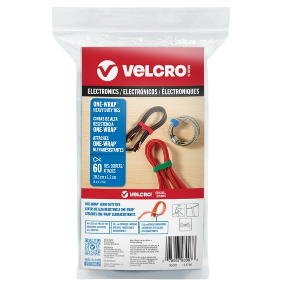 VELCRO Brand ONE-WRAP® Heavy Duty Ties | 60Pk | 8 x 1/2" Straps, Multicolor | Strong Reusable Wire Management | Cord Bundling for Home Office and Data Centers