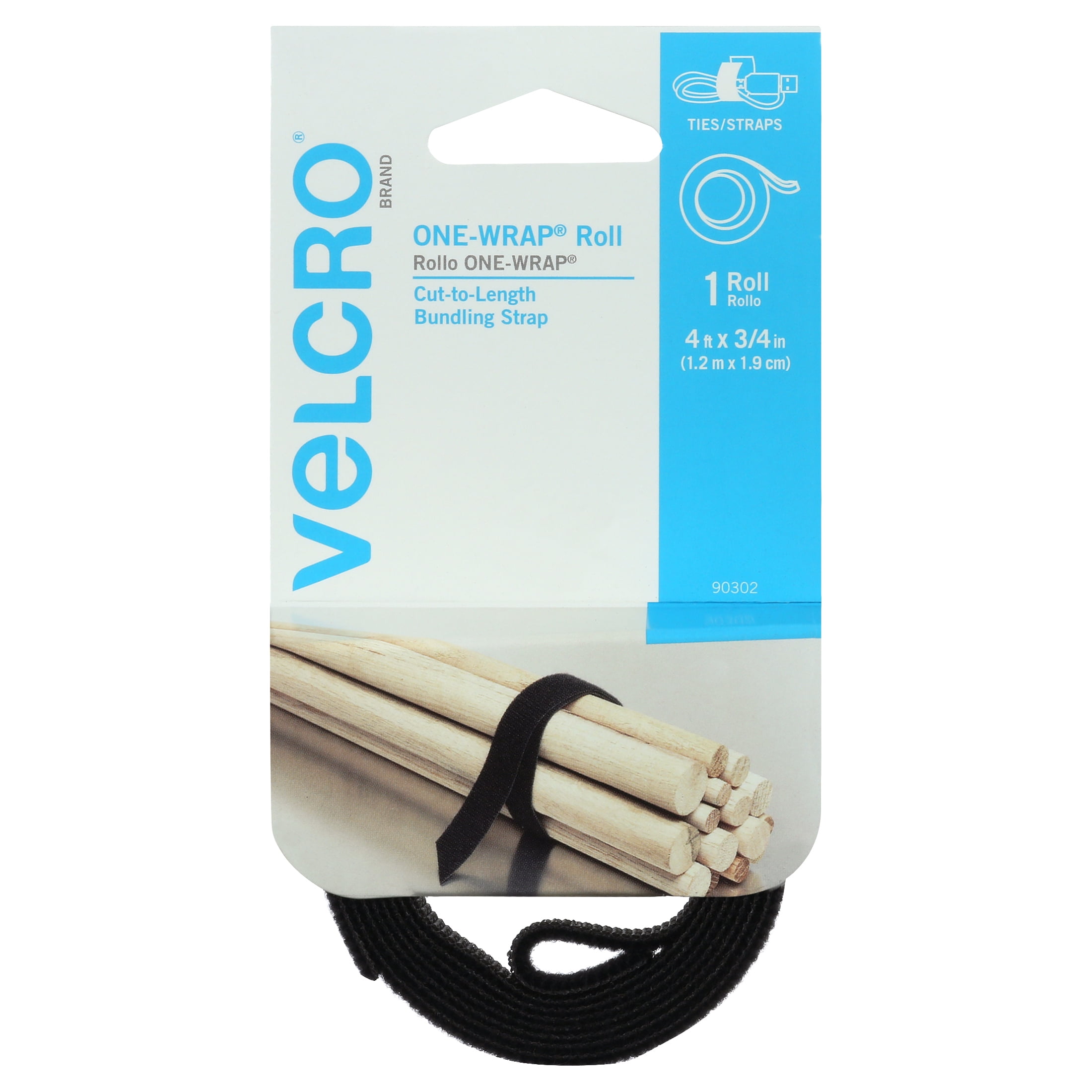 VELCRO Brand ONE-WRAP Double Sided Roll. Cut to Length Straps Heavy Duty.  Bundling Ties Fasten to Themselves for Secure Hold. 45 Ft x 1-1/2 In, Black