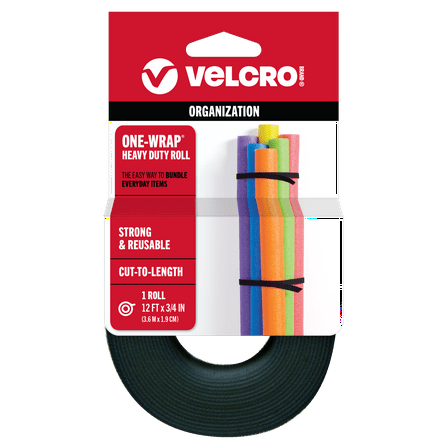 VELCRO Brand ONE-WRAP® Heavy Duty Roll – Reusable Fasteners for Keeping Cords and Cables Tidy – Cut-to-Length Roll, 12ft x 3/4in, Black