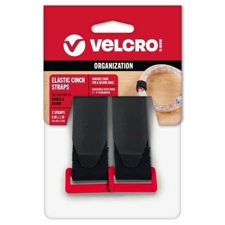 VELCRO Brand Black Elastic Cinch Strap For Hoses, Cords, Camping Supplies, 8"x1" with Red D Ring 2ct