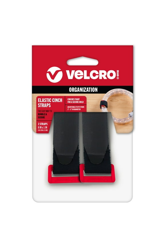 Brand Black Elastic Cinch Strap For Hoses, Cords, Camping Supplies, 8"x1" with Red D Ring 2ct