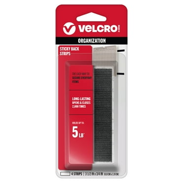 VELCRO Brand Sticky Back Strips with Adhesive | 4 Count | Black 3 1/2 x 3/4 In | Hook and Loop Fasteners for Home Organization, Classroom or Office