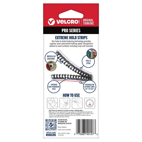 VELCRO Brand PRO Series Extreme Hold Hook and Loop Strips, Black, 3 in x 1 in, Holds up to 15 lbs, 4 Count