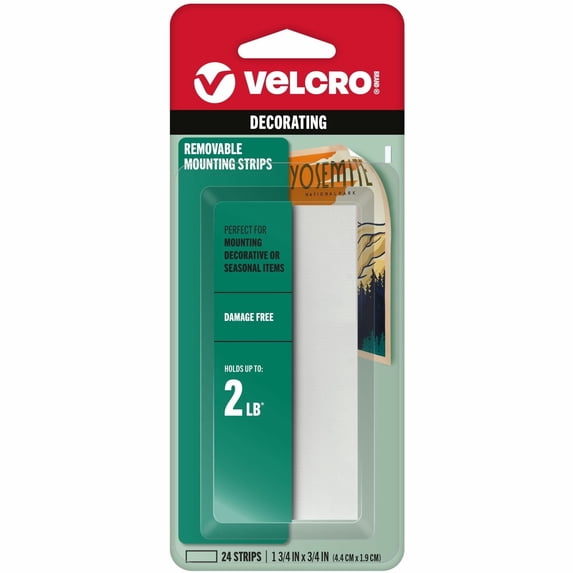 VELCRO�� Brand Removable Mounting Strips, 1 3/4in x 3/4in, White, 24ct