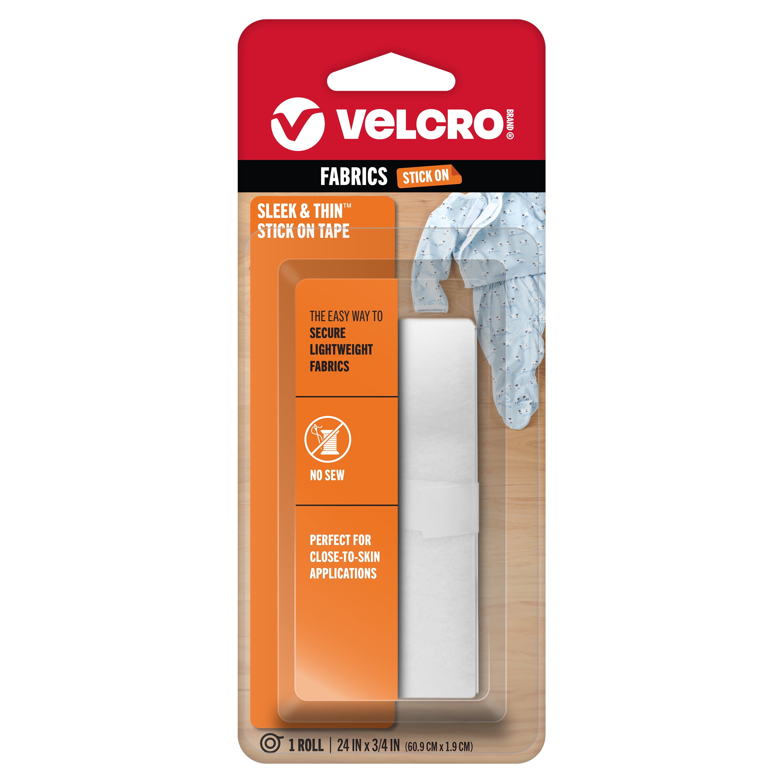 VELCRO Brand Sleek and Thin Stick On Tape for Fabrics 24in x 3/4in, White Soft on Skin Ultra