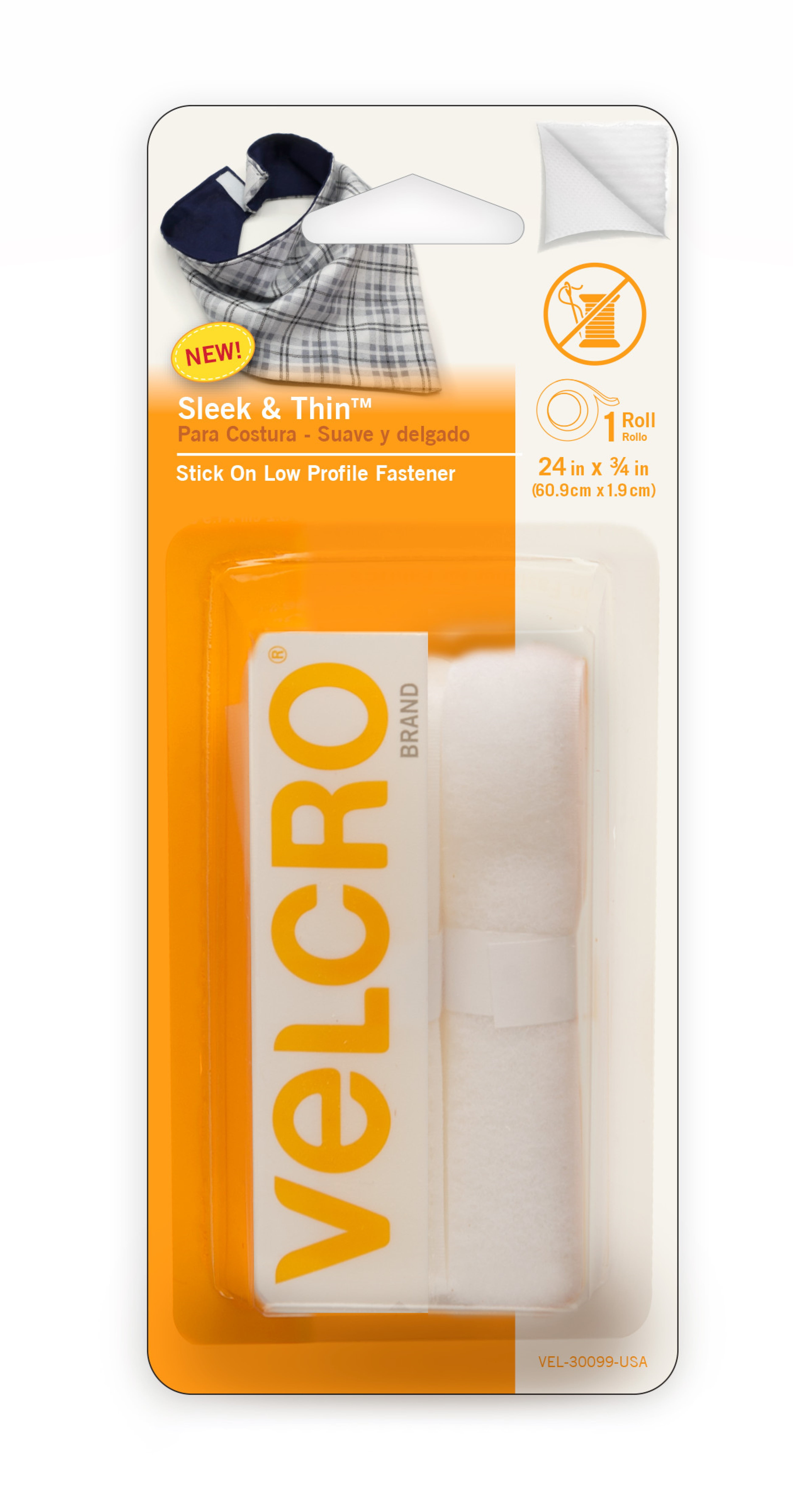 VELCRO Brand Sleek and Thin Stick on Tape for Fabrics 24in x 3/4in White  Adhesive Back No Sewing