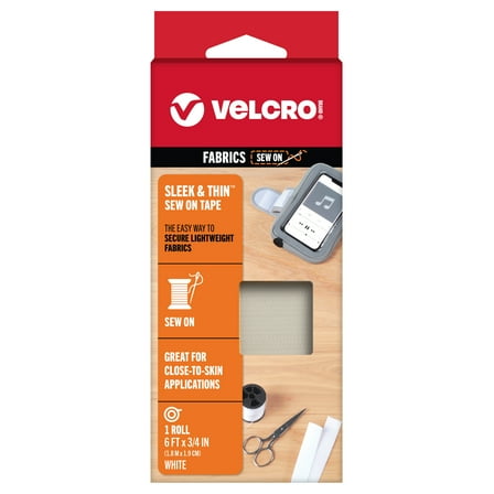 VELCRO Brand SLEEK & THIN™ - Sew On for Fabrics | 6ft x 3/4in Tape, White | Soft on Skin Ultra Light with Sewing Lane Technology