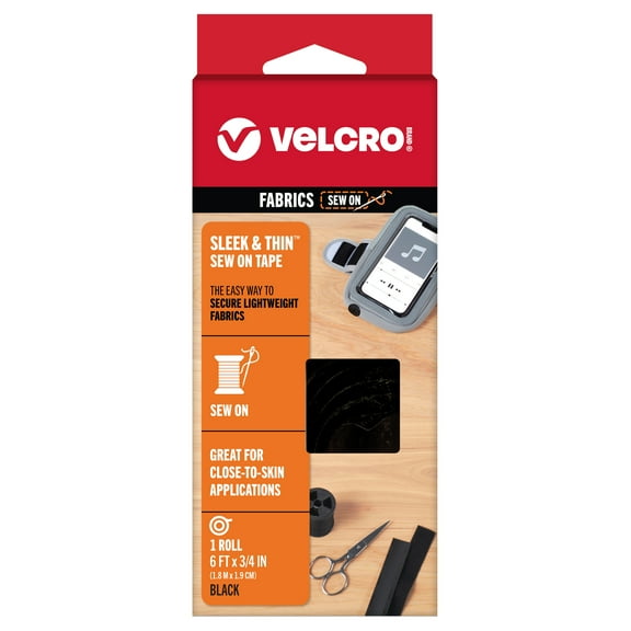 VELCRO Brand SLEEK & THIN™ - Sew On for Fabrics | 6ft x 3/4in Tape, Black | Soft on Skin Ultra Light with Sewing Lane Technology