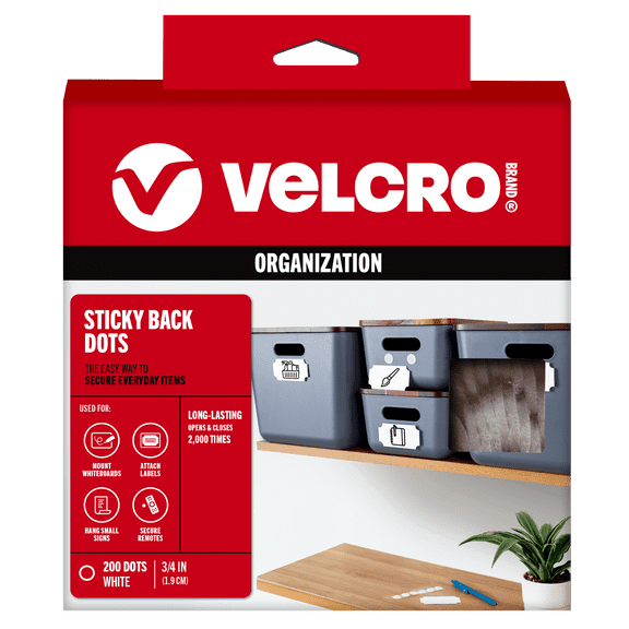 VELCRO Brand Sticky Back Dots Hook and Loop 200 Pk Circles 3/4"  White
