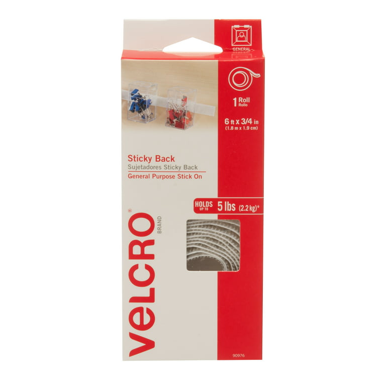 VELCRO Brand Sticky Back Hook & Loop Fasteners, Peel and Stick Permanent  Tape 6ft x 3/4in Roll White 