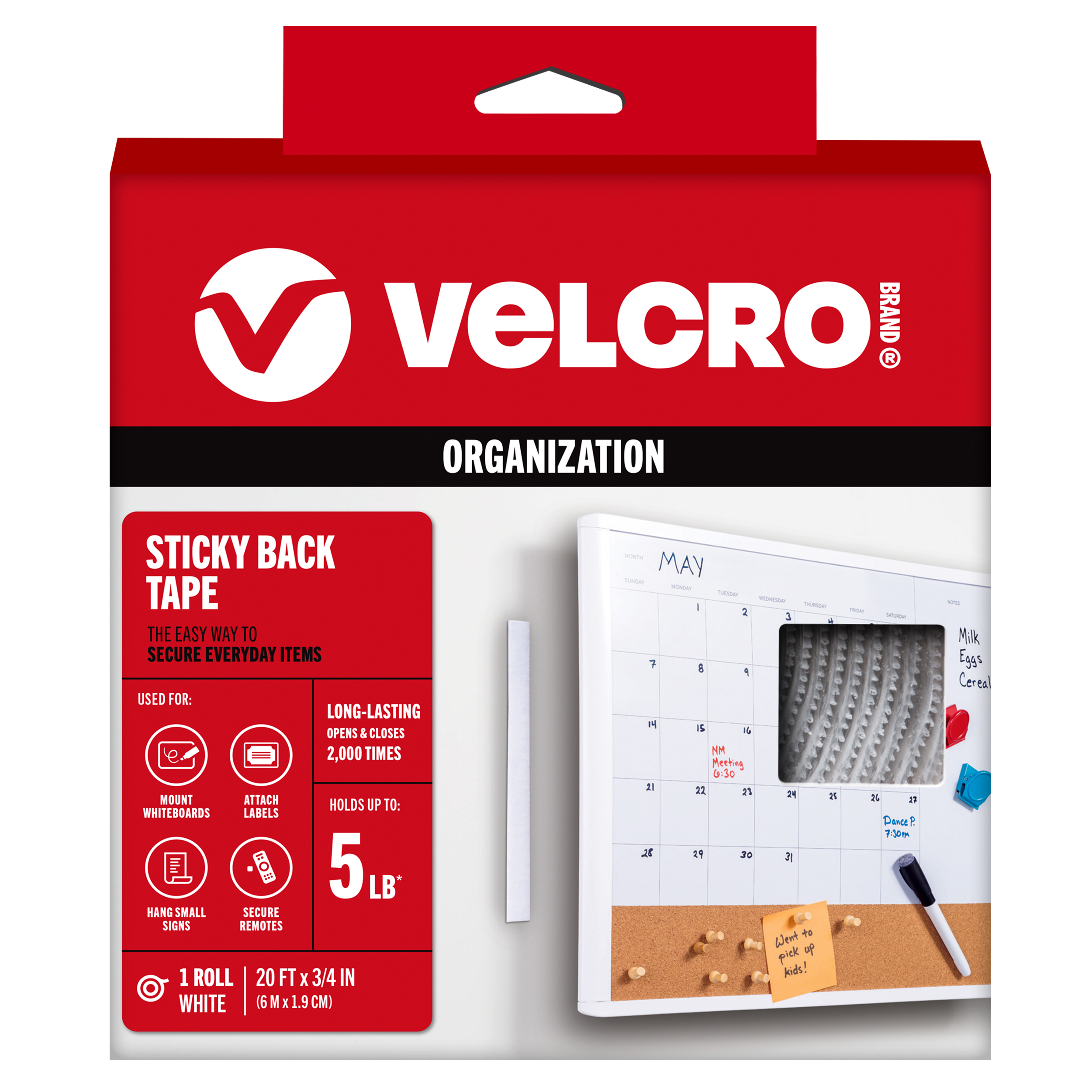 VELCRO Brand Sticky Back Tape, Classroom and Office Organization, White 20ft x 0.75in Tape