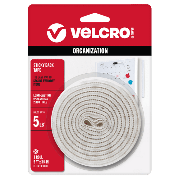 VELCRO Brand Sticky Back 5 Ft x 3/4 In | White Tape Roll with Adhesive | Cut Strips to Length | Sticky Back Hook and Loop Fasteners | Perfect for Home, Office or Classroom