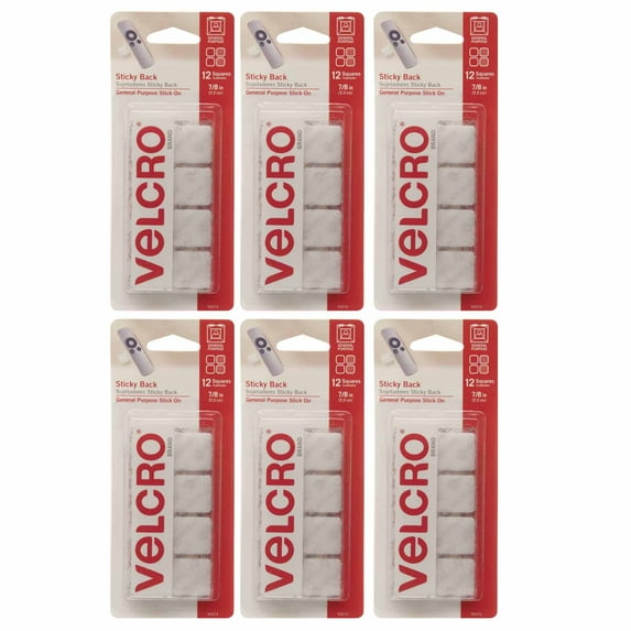 VELCRO Sticky Back Square Fasteners, 7/8", White, 12 Per Pack, 6 Packs