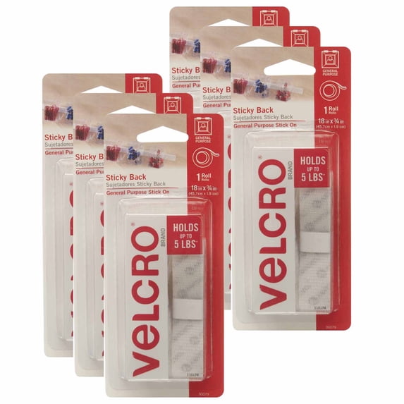 VELCRO Sticky Back Tape, White, 18" x 3/4", 6 Rolls