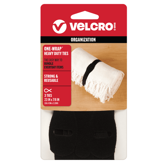 VELCRO Brand ONE-WRAP® Heavy Duty Ties, Reusable Pre-Cut and Self Gripping For Bundling Hoses, Extension Cords, 3 Ties, 23” x 7/8”, Black 90700