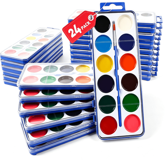 VELIMO 24 Pack Watercolor Paint Set for Kids, 12 Colors Watercolors Paints with Paint Brush, Kids Water Color Paint Set for Party Favor, Classroom,Easter Basket Stuffers.